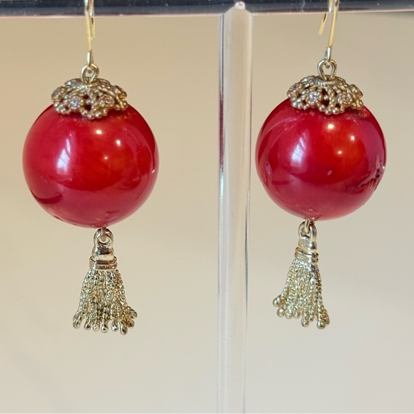 Vintage Style Red Ball & Gold Filigree Tassel Drop Earrings - Picture 2 of 5